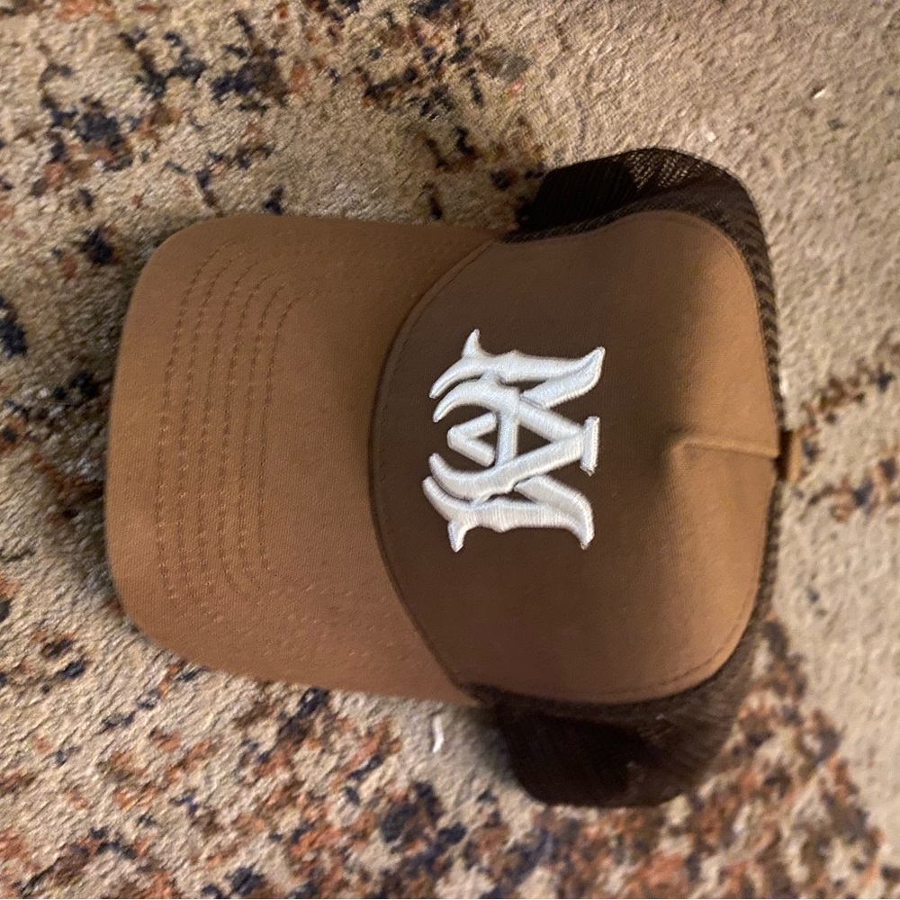 AMIRI Brown Mesh Trucker Hat with White Embroidered Logo